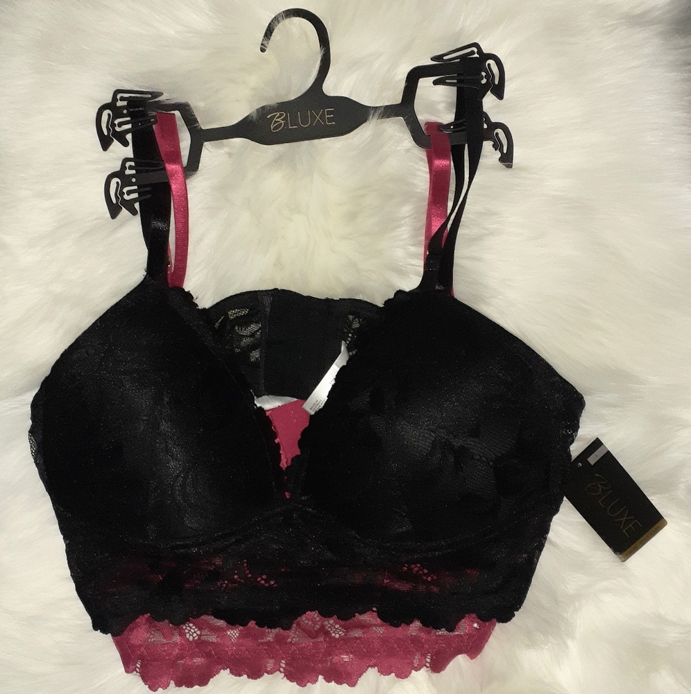 2 Pair Wire-Free Bras Set Womens Size 36C NWT Black Red Floral Sheer
